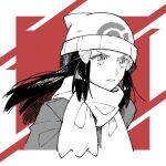  1girl beanie black_hair closed_mouth coat commentary hikari_(pokemon) eyelashes floating_hair hair_ornament hairclip hat long_hair omyo_(myomyomyo22) pokemon pokemon_(game) pokemon_dppt pokemon_platinum scarf serious sidelocks solo two-tone_background upper_body white_headwear white_scarf 