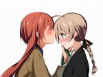 2girls ahoge bangs black_jacket black_ribbon blue_shirt blush braid braided_ponytail brown_jacket closed_eyes closed_mouth commentary dress_shirt eyebrows_visible_through_hair forehead_kiss frown green_neckwear grey_sweater hair_ribbon hand_on_another&#039;s_face highres jacket kiss long_hair looking_at_another lynette_bishop military military_uniform multiple_girls necktie necktie_grab neckwear_grab patricia_schade redhead ribbon shirt simple_background single_braid strike_witches sweatdrop sweater tamasaki_tama uniform white_background white_shirt world_witches_series yuri 