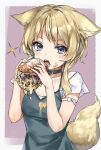  1girl animal_ears armband bangs black_choker blonde_hair blue_eyes bow breasts burger choker collarbone dirty dirty_clothes dress eating face food food_on_face fox_ears fox_girl fox_tail hands hands_up holding holding_food klem looking_at_viewer medium_hair original small_breasts solo sparkle tail teeth 