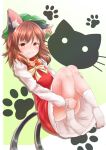  1girl :3 animal_ear_fluff animal_ears blush brown_eyes brown_hair cat_ears cat_tail chen convenient_leg dress fang flat_chest full_body gold_trim hat highres jewelry looking_at_viewer medium_hair mob_cap multiple_tails nekomata nyanuki paw_print red_dress simple_background single_earring solo tail touhou two_tails upskirt white_background 
