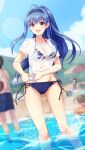  1girl ahoge ass_visible_through_thighs bangs beach bikini bikini_under_clothes black_hairband black_ribbon blue_bikini blue_hair blurry blurry_background collarbone day doukyuusei_another_world eyebrows_visible_through_hair floating_hair game_cg groin hair_between_eyes hairband halterneck kakyuusei_2 lens_flare long_hair looking_at_viewer official_art outdoors ponytail red_eyes ribbon see-through shiny shiny_hair shirt short_sleeves side-tie_bikini solo_focus swimsuit t-shirt takatoo_nanase v-shaped_eyebrows very_long_hair wading wet wet_clothes wet_shirt white_shirt 