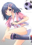  1girl :o argyle argyle_legwear ball black_hair black_legwear gomashio_star hair_ornament hairclip highres kijiyama_north_high_school kneehighs long_hair looking_at_viewer mai_ball! miyano_mai pants pink_stripes rhombus shirt short_sleeves simple_background soccer_ball soccer_uniform solo sportswear standing standing_on_one_leg striped striped_shirt twitter_username vertical-striped_shirt vertical_stripes violet_eyes white_pants 