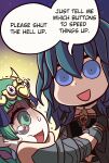  2girls :d blue_eyes byleth_(fire_emblem) byleth_eisner_(female) clothing_cutout english_text fire_emblem fire_emblem:_three_houses grabbing green_eyes green_hair highres multiple_girls navel navel_cutout open_mouth riyo_(lyomsnpmp)_(style) shaded_face smile sothis_(fire_emblem) speech_bubble tearing_up will_(willanator93) 