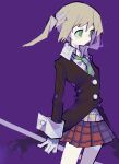  1girl black_jacket blonde_hair cowboy_shot gloves green_eyes green_neckwear highres jacket long_sleeves maka_albarn mamimu_(ko_cha_22) medium_hair necktie plaid plaid_skirt purple_background red_skirt shirt skirt sleeve_cuffs soul_eater white_gloves white_shirt 