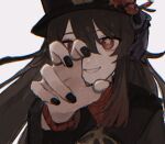  1girl bangs bead_bracelet beads black_nails bracelet brown_hair coat collared_coat flower flower-shaped_pupils g_mao genshin_impact hat hat_flower hat_ornament hu_tao_(genshin_impact) jewelry long_hair long_sleeves looking_at_viewer nail_polish open_mouth plum_blossoms porkpie_hat reaching_out red_eyes red_shirt ring shirt smile solo symbol-shaped_pupils talisman tassel twintails white_background 