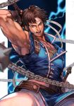  1boy bangs blue_eyes blurry brown_hair castlevania castlevania:_rondo_of_blood depth_of_field hairband hankuri holding holding_weapon lightning looking_at_viewer male_focus muscular muscular_male open_mouth richter_belmont short_hair solo spikes torn_clothes torn_sleeves upper_body v-shaped_eyebrows weapon white_hairband 