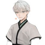  1boy blue_eyes closed_mouth earrings grey_eyes grey_hair hair_between_eyes haori heart highres japanese_clothes jewelry looking_at_viewer male_focus mole mole_under_eye original oyabuli portrait scar_on_neck simple_background smile solo white_background 