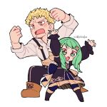  1boy 1girl :o arms_up blonde_hair blush brown_footwear do_m_kaeru dress fire_emblem fire_emblem:_three_houses flayn_(fire_emblem) full_body garreg_mach_monastery_uniform green_eyes green_hair hair_ornament long_hair raphael_kirsten shirt short_hair standing suspenders white_shirt yellow_eyes 