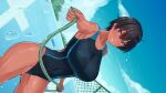  1girl ass_visible_through_thighs black_hair blush breasts competition_swimsuit contrapposto dark_skin day dutch_angle fence hair_between_eyes highres hose huge_breasts looking_at_viewer natsuishi_nana one-piece_swimsuit original short_hair sky swimsuit tan tomboy violet_eyes water 