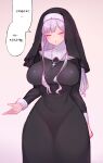 1girl ak-12_(girls_frontline) bangs black_dress blush breasts closed_eyes cross cross_necklace dress eonsang eyebrows_visible_through_hair girls_frontline habit highres jewelry large_breasts long_hair narrow_waist necklace nun silver_hair simple_background solo speech_bubble translation_request 