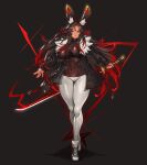  1girl animal_ear_fluff animal_ears bangs blue_eyes breasts brown_hair closed_mouth commentary covered_collarbone covered_navel dark_skin fingernails fur_trim gradient gradient_hair gurimjang highres holding holding_sword holding_weapon jacket katana large_breasts lips long_hair long_sleeves looking_at_viewer multicolored_hair nail_polish open_clothes open_jacket original pants rabbit_ears redhead reverse_grip shadow shiny shiny_clothes shiny_hair shoes simple_background skin_tight sneakers solo standing sword two-tone_hair weapon white_pants 