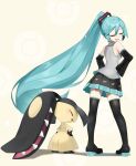  1girl absurdres bangs black_footwear black_skirt boots closed_eyes crossover detached_sleeves eyelashes floating_hair gen_3_pokemon green_hair grey_shirt hair_between_eyes hair_ornament hands_on_hips hatsune_miku highres long_hair mawile open_mouth pigeon-toed pleated_skirt pokemon pokemon_(creature) ponytail reirou_(chokoonnpu) shiny shiny_hair shirt skirt sleeveless sleeveless_shirt smile standing symbol_commentary thigh-highs thigh_boots tongue vocaloid |d 