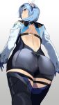  1girl ass backless_leotard backless_outfit blue_hair blush eula_lawrence from_behind genshin_impact gloves hairband highres leotard long_sleeves looking_at_viewer looking_back okpriko skindentation solo thigh-highs thighs 