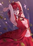  1girl :o ange_katrina armpits bangs blue_eyes blush dress eyebrows_visible_through_hair flat_chest formal highres leaning_back looking_at_viewer nijisanji open_hand open_mouth red_dress redhead short_hair solo sooon sparkle surprised triangle_hair_ornament virtual_youtuber 