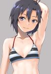  1girl antenna_hair arm_up armpits bangs bare_arms bare_shoulders bikini black_hair breasts close-up closed_mouth collarbone commentary_request eyebrows_visible_through_hair grey_background hair_between_eyes hashi idolmaster idolmaster_(classic) kikuchi_makoto looking_at_viewer midriff short_hair simple_background small_breasts smile solo striped striped_bikini swimsuit toned upper_body violet_eyes 