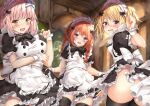  3girls :d alternate_costume apron bangs black_dress black_legwear blonde_hair blush character_request chieru_(princess_connect!) commentary_request cowboy_shot dress enmaided eyebrows_visible_through_hair frilled_dress frills hair_between_eyes hand_up highres indoors looking_at_viewer maid maid_headdress multiple_girls open_mouth orange_hair pink_hair princess_connect! rumiko_(rmeco) short_sleeves skirt_hold smile standing star_(symbol) star_in_eye symbol_in_eye thigh-highs violet_eyes white_apron wrist_cuffs yellow_eyes yuni_(princess_connect!) 