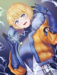  1girl apex_legends bangs blue_bodysuit blue_gloves bodysuit breasts cable electricity eyebrows_visible_through_hair gloves highres hitsuji_kumo hood hooded_jacket jacket lichtenberg_figure open_hands orange_jacket ribbed_bodysuit scar scar_on_cheek scar_on_face short_hair small_breasts smile solo upper_body wattson_(apex_legends) white_bodysuit 