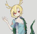  1girl blonde_hair blue_shirt commentary_request dragon_horns dragon_tail grey_background hand_up horns kicchou_yachie looking_at_viewer mamimu_(ko_cha_22) red_eyes shirt short_hair short_sleeves simple_background smile solo tail touhou turtle_shell 
