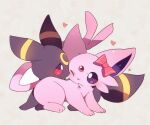  blush bow commentary_request creature espeon eye_contact gen_2_pokemon heart highres looking_at_another no_humans one_eye_closed paws pink_bow pokemon pokemon_(creature) toes umbreon violet_eyes yupo_0322 