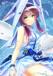  1girl 3_(sanyako1) absurdres arknights bow dolphin dress highres huge_filesize long_hair low_twintails purestream_(arknights) sleeveless sleeveless_dress smile twintails visor_cap water white_dress wristband 