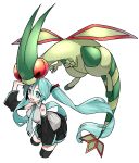  1girl absurdres bangs black_legwear black_skirt breasts collared_shirt commentary_request crossover detached_sleeves eyelashes floating_hair flygon gen_3_pokemon green_eyes green_hair green_neckwear hair_between_eyes hatsune_miku highres long_hair looking_up necktie open_mouth pleated_skirt pokemon pokemon_(creature) reirou_(chokoonnpu) shirt skirt sleeveless sleeveless_shirt smile thigh-highs tongue twintails vocaloid 
