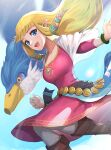  1girl absurdres aqua_eyes bangle bangs bird blonde_hair blue_background blue_pupils boots bracelet breasts character_request commentary_request day dress falling gonzarez highres jewelry light_particles long_hair looking_at_viewer midair open_mouth pink_dress pointy_ears princess_zelda sidelocks sky smile solo sunlight the_legend_of_zelda the_legend_of_zelda:_skyward_sword upper_teeth very_long_hair 