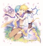  2boys aqua_eyes arms_around_neck barcode_tattoo black_collar black_shorts blonde_hair blue_hair boots brown_pants brown_shirt chain cherry_blossoms closed_eyes coat collar commentary facial_tattoo falling_petals gears gold_trim grass headphones hug hug_from_behind kagamine_len kaito multiple_boys open_mouth pants petals project_diva_(series) purple_scarf sailor_collar scarf seiza shirt short_ponytail short_sleeves shorts sinaooo sitting smile spiky_hair strange_dark_(module) tattoo violet_(module) white_coat white_footwear white_shirt 
