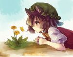  1girl animal_ear_fluff animal_ears bow bowtie brown_eyes brown_hair bug butterfly cat_ears chen dandelion dress expressionless flower from_side hat horizon insect jewelry light_blush looking_at_butterfly lying m_(neteitai10) mob_cap on_stomach outdoors profile puffy_short_sleeves puffy_sleeves red_dress short_hair short_sleeves single_earring sky solo touhou upper_body yellow_flower yellow_neckwear 