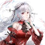  1girl arknights ascot bangs bare_shoulders black_neckwear dress hand_up highres long_hair long_sleeves looking_at_viewer no_hat no_headwear qianzhu red_dress red_eyes silver_hair simple_background skadi_(arknights) skadi_the_corrupting_heart_(arknights) solo upper_body white_background 