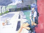  1girl absurdres ayanami_rei bandage_over_one_eye bandages barbed_wire blue_hair chain-link_fence chair color_halftone day drain_(object) dutch_angle eyepatch fence highres looking_at_viewer neon_genesis_evangelion official_art outdoors pool poolside red_eyes sadamoto_yoshiyuki scan school school_uniform short_hair socks solo starting_block vanishing_point 