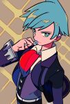  1boy aqua_eyes aqua_hair bangs belt bright_pupils chueog closed_mouth collared_shirt hand_up highres holding jacket jewelry long_sleeves male_focus necktie open_clothes open_jacket pants pokemon pokemon_(game) pokemon_oras red_neckwear ring shirt short_hair smile solo steven_stone vest white_pupils white_shirt 