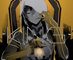  1boy alternate_costume arm_tattoo bangs bare_shoulders closed_eyes closed_mouth english_text facing_viewer genshin_impact greyscale hair_between_eyes holding_crown hood hood_up hooded_coat king_(vocaloid) kouta_(pixiv14981568) long_hair male_focus monochrome one_eye_covered partially_colored simple_background sleeveless smile solo tattoo zhongli_(genshin_impact) 