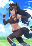  1girl animal_ears bare_shoulders black_gloves black_hair black_legwear blue_sky breasts bridle brown_eyes brown_thoroughbred_(kemono_friends) clenched_hands clouds collarbone commentary_request dark-skinned_female dark_skin day elbow_gloves extra_ears eyebrows_visible_through_hair eyes_visible_through_hair feet_out_of_frame fingerless_gloves gloves happa_(cloverppd) horse_ears horse_girl horse_tail japari_symbol kemono_friends kemono_friends_3 leaf leaves_in_wind long_hair looking_away medium_breasts midriff navel official_art outdoors pantyhose ponytail running sidelocks sky solo sports_bra tail wind wristband 