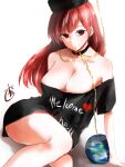  1girl bare_legs barefoot black_shirt breasts chain clothes_writing earth_(ornament) gold_chain grin hecatia_lapislazuli highres kakuteru_sudachi large_breasts moon_(ornament) neck_ruff off-shoulder_shirt off_shoulder one-hour_drawing_challenge polos_crown red_eyes redhead shirt smile touhou 