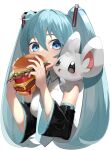  1girl absurdres bacon bangs blue_eyes blush burger cheese collared_shirt crossover detached_sleeves eating eyelashes food gen_5_pokemon hair_between_eyes hair_ornament hatsune_miku highres lettuce long_hair minccino necktie on_shoulder pokemon pokemon_(creature) pokemon_on_shoulder reirou_(chokoonnpu) shirt sleeveless sleeveless_shirt symbol_commentary tomato twintails vocaloid white_background 
