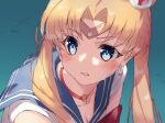  1girl bishoujo_senshi_sailor_moon blue_background blue_eyes blue_sailor_collar bow bowtie circlet clenched_teeth crescent crescent_earrings derivative_work earrings from_side jewelry jonsun looking_at_viewer looking_to_the_side red_neckwear sailor_collar sailor_moon sailor_moon_redraw_challenge school_uniform screencap_redraw serafuku shirt solo teeth tsukino_usagi twintails upper_body white_shirt 