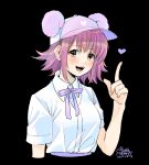  1girl :d absurdres baseball_cap black_background bob_cut brown_eyes brown_hair collared_shirt dated geshumaro hat highres index_finger_raised looking_at_viewer medium_hair neck_ribbon open_mouth original purple_neckwear purple_ribbon ribbon school_uniform shirt short_sleeves signature simple_background smile solo white_shirt wing_collar 