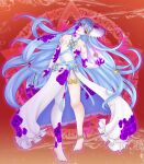  1girl alternate_eye_color amulet anklet aura azura azura_(fire_emblem) bare_legs bare_shoulders barefoot blue_hair corruption crystalomic dark_persona dress fire_emblem fire_emblem_fates fire_emblem_heroes highres jewelry leaning_to_the_side long_hair long_sleeves looking_at_viewer open_mouth red_background thigh_strap unhappy violet_eyes white_dress 