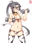  1girl alternate_costume amagiri_(kancolle) animal_ears animal_print artist_logo bell bikini breasts commentary_request cow_ears cow_girl cow_horns cow_print cow_tail cowbell dated dumbbell glasses grey_eyes grey_hair grin hair_between_eyes highres horns kanon_(kurogane_knights) kantai_collection long_hair looking_at_viewer navel neck_bell one-hour_drawing_challenge ponytail print_bikini print_legwear simple_background small_breasts smile solo standing sweat swimsuit tail thigh-highs tsurime very_long_hair weightlifting white_background 