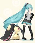  1girl absurdres bangs black_footwear black_skirt blue_eyes boots closed_mouth crossover detached_sleeves eyelashes floating_hair gen_3_pokemon green_hair grey_shirt hair_between_eyes hair_ornament hands_on_hips hatsune_miku highres long_hair looking_back mawile pigeon-toed pleated_skirt pokemon pokemon_(creature) ponytail reirou_(chokoonnpu) shiny shiny_hair shirt skirt sleeveless sleeveless_shirt smile standing symbol_commentary thigh-highs thigh_boots vocaloid 