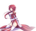  1girl bangs bow commentary_request dress eyebrows_visible_through_hair full_body garter_straps high_priest_(ragnarok_online) juliet_sleeves kneeling long_hair long_sleeves looking_at_viewer looking_to_the_side puffy_sleeves ragnarok_online red_dress red_eyes redhead sanom sash simple_background solo thigh-highs two-tone_dress white_background white_bow white_dress white_legwear white_sash 