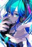  1girl bangs black_shirt blue_eyes blue_nails blue_neckwear collarbone collared_shirt covered_mouth eyeshadow floating_hair goma_irasuto hair_between_eyes hatsune_miku headphones headset highres holding holding_microphone long_hair looking_at_viewer makeup microphone necktie open_hand purple_eyeshadow shirt solo twintails vocaloid 