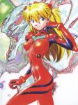  1girl absurdres bangs bodysuit breasts color_halftone cowboy_shot eva_02 eyebrows_visible_through_hair highres long_hair neon_genesis_evangelion official_art orange_hair plugsuit psychedelic red_bodysuit sadamoto_yoshiyuki scan sideways_glance signature small_breasts souryuu_asuka_langley 