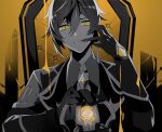 1boy bangs black_gloves chair closed_mouth collared_shirt earrings formal genshin_impact gloves greyscale hair_between_eyes hand_on_own_face holding_crown jacket jewelry king_(vocaloid) kouta_(pixiv14981568) long_hair long_sleeves male_focus monochrome necktie partially_colored shirt single_earring sitting slit_pupils smile solo suit tassel tassel_earrings throne yellow_eyes zhongli_(genshin_impact) 