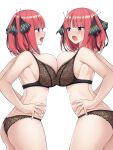  2girls angry bangs bare_arms black_bra black_panties blunt_bangs bra breast_press breasts butterfly_hair_ornament clone commentary_request go-toubun_no_hanayome hair_ornament hair_ribbon hands_on_hips highres huge_breasts lace-trimmed_bra lace-trimmed_panties lace_trim multiple_girls nakano_nino open_mouth paintcan panties pink_hair ribbon short_hair sideboob simple_background standing symmetrical_docking underwear underwear_only upper_teeth white_background 