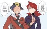  2boys backwards_hat bangs baseball_cap black_hair closed_eyes commentary couple english_text ethan_(pokemon) grin hat jacket long_hair looking_at_another male_focus multiple_boys parted_lips pokemon pokemon_(game) pokemon_hgss redhead saturday_(hokawazu) scene_reference silver_(pokemon) simple_background smile speech_bubble sweatdrop swept_bangs thumbs_up turtleneck upper_body zipper_pull_tab 