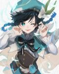 1boy :p androgynous bangs beret black_hair blue_hair blush bow braid brooch cape collared_cape collared_shirt commentary_request corset feathers flower frilled_sleeves frills gem genshin_impact gradient_hair green_eyes green_headwear green_shorts hat hat_flower jewelry leaf long_sleeves looking_at_viewer male_focus multicolored_hair one_eye_closed shirt short_hair_with_long_locks shorts simple_background smile solo sora_402 sparkle tongue tongue_out twin_braids venti_(genshin_impact) white_background white_flower white_shirt 