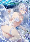  1girl angel angel_wings ass bare_shoulders blue_eyes blue_flower blue_hair blue_rose breasts bridal_gauntlets bridal_veil collaboration cross cross_necklace dress falkyrie_no_monshou floral_print flower jewelry looking_at_viewer medium_breasts musse_(falkyrie_no_monshou) necklace night night_sky ocean official_art open_mouth rose shinkai_no_valkyrie short_hair sky thigh-highs veil wedding_dress wings 