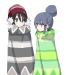  2girls bangs blanket blue_eyes blue_hair breath brown_hair closed_mouth commentary_request earmuffs eyebrows_visible_through_hair eyes_visible_through_hair hair_bun light_blush long_hair looking_at_another multicolored multicolored_clothes multicolored_headwear multiple_girls poncho saitou_ena shima_rin shiroshi_(denpa_eshidan) short_hair simple_background smile snowflakes standing striped_clothes translucent_hair violet_eyes white_background winter_clothes woollen_cap yurucamp 