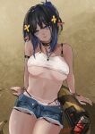  1girl arknights arm_strap bangs bare_arms bare_shoulders black_choker black_hair blue_eyes blue_hair breasts camisole choker denim denim_shorts eunectes_(arknights) eunectes_(forgemaster)_(arknights) head_tilt highres jea_(ppangjea) looking_at_viewer medium_breasts midriff multicolored_hair navel official_alternate_costume pointy_ears short_hair short_shorts shorts sitting snake_tail solo spaghetti_strap stomach tail thighs under_boob 